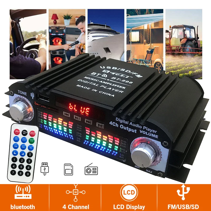 BT998 Car Home Amplifier 4 Channels Audio Car Speakers Booster Powered