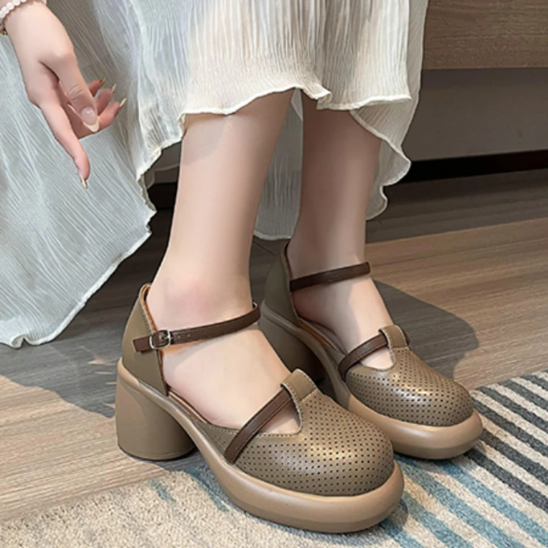 

Сандалии женские на высоком каблуке, босоножки с круглым носком, с пряжкой, модная дышащая обувь Мэри Джейн, лето