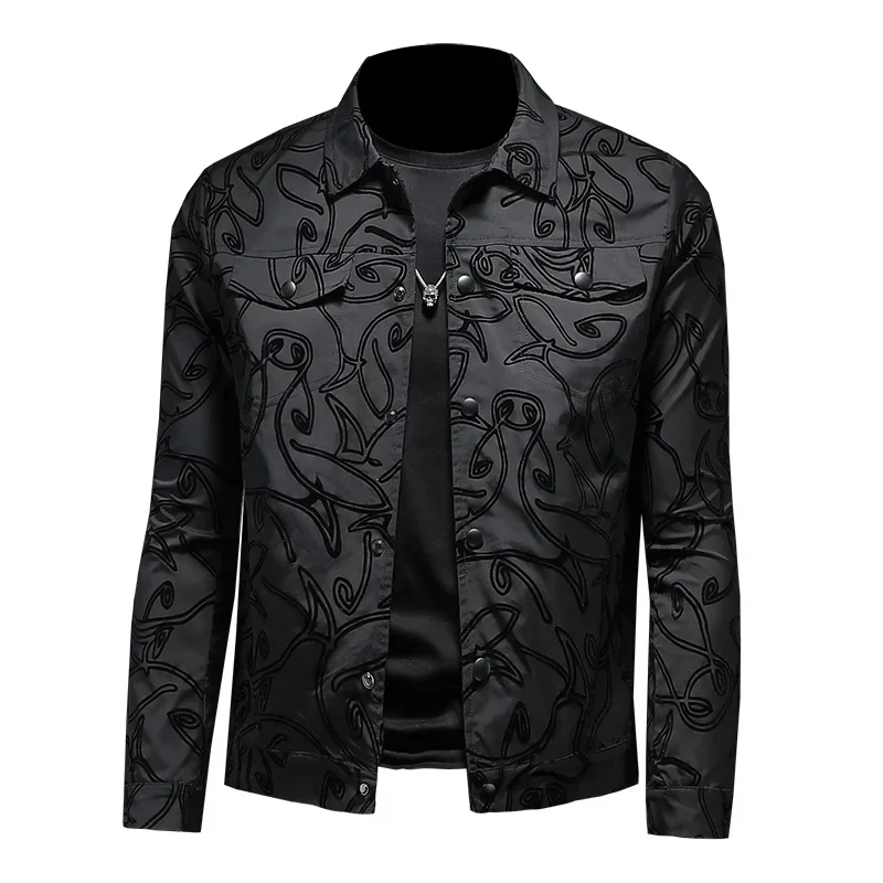 Luxury Flocking Bomber Jacket Mens 2023 Autumn Business Vintage Casual Slim Jacket Lapel Single Breasted Jacquard Coats Jacket