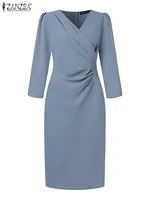 ZANZEA Women’s Elegant Bodycon Party Dress, Sexy V-Neck Knee Length Dress 3/4 Sleeve Ruched Waist, Summer Office Woman Clothes - Image 5