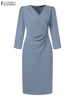 ZANZEA Summer Fashion Womens Dress Sexy Solid Color Knee Length Bodycon Sundress Elegant 3/4 Sleeve V-Neck Work OL Vestidos 2025 5