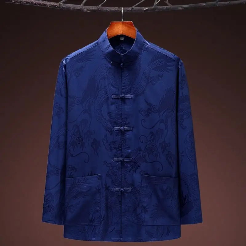 ZMIN Traditional Chinese Style Embroidery Dragon Hanfu Blouse Tang Suit Men Kung Fu Tops Coats Cheongsam Year Jackets, Yellow Jacket