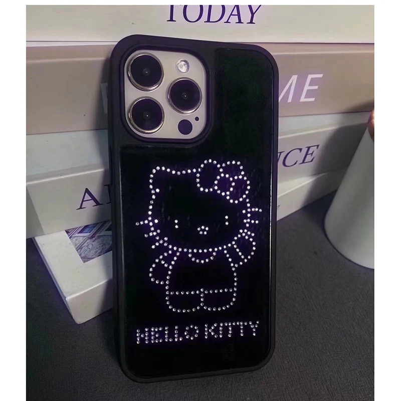 Cartoon Sanrio Hello Kitty Cat Diamond Sparkle Case Per Iphone 14 13 15 Pro Max 13 14 Pro Max Cute Black Tpu Phone Cover