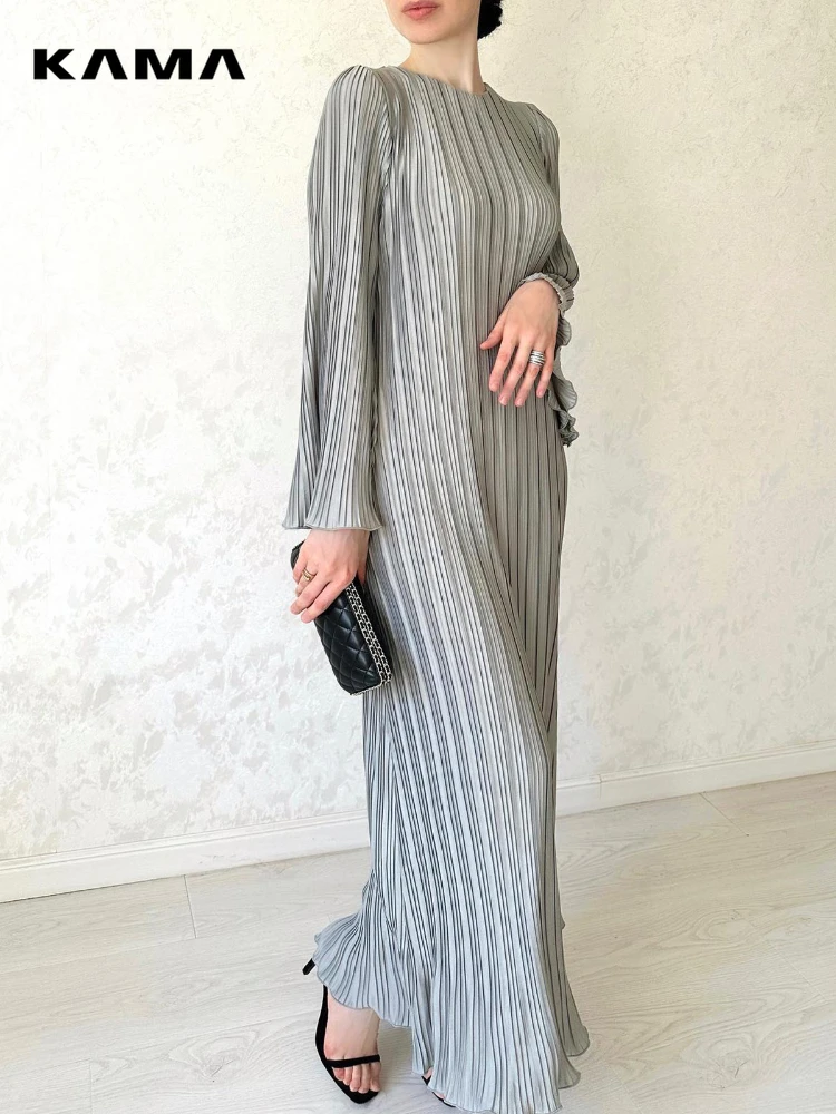 

KAMA 2024 Womens Spring Temperament Pleated Flared Sleeves Long Dresses Elegant Fashion Belt Solid Party Dresses Sexy Dress