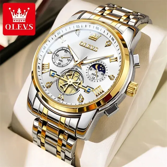 OLEVS Men's Luxury Quartz Wristwatch - Moon Phase Chronograph, Waterproof & Luminous