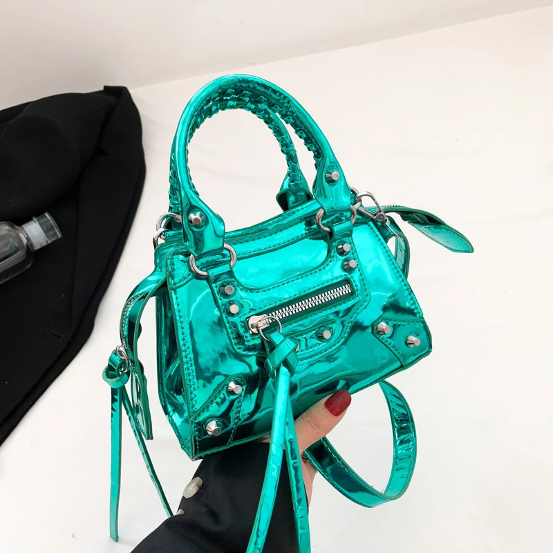 Female PU Patent Leather Long Zipper Personalized Handbag Locomotive Style Crossbody Bag Trend Fashion Shoulder Bag
