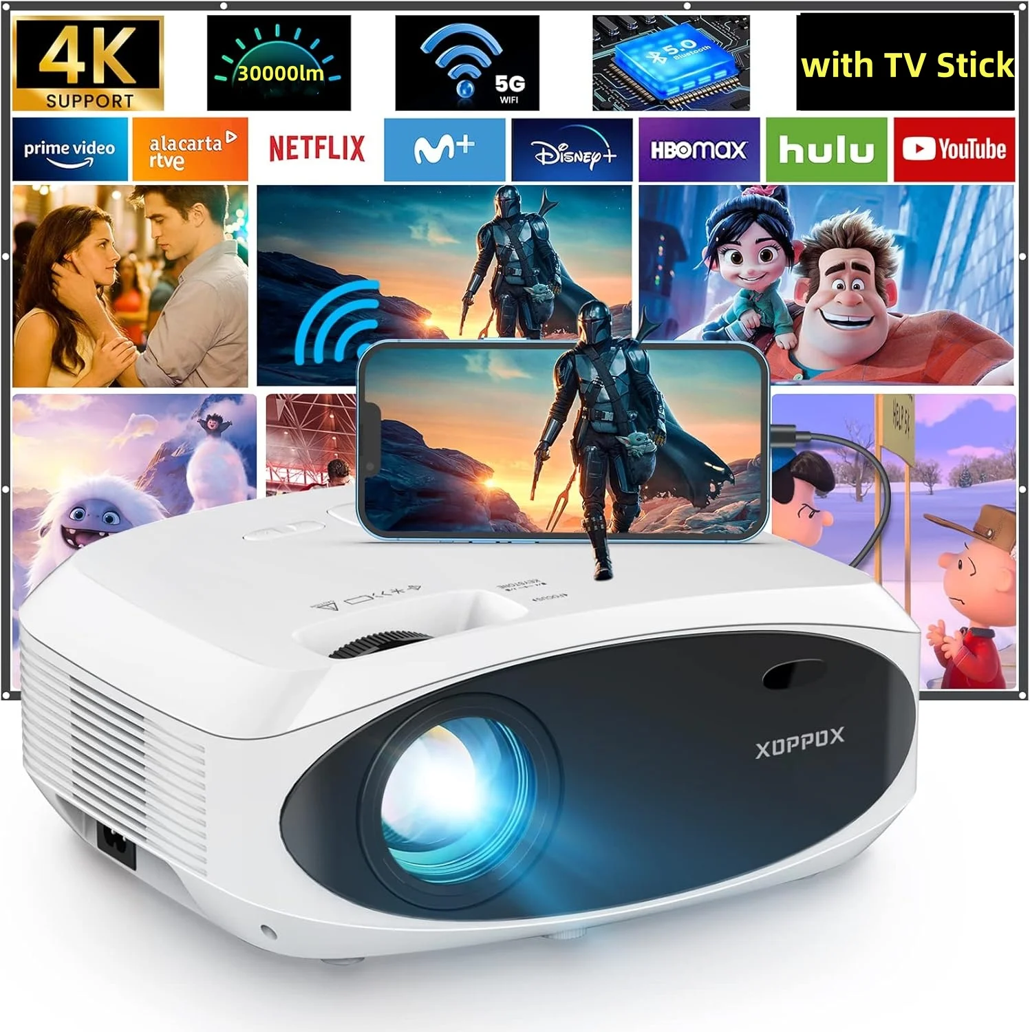 Native1080p 4K Projector 30000LM Portable 5G Fast Wifi BT5 Home Cinema Beamer Wired Wireless Connect Projector with TV Sticks