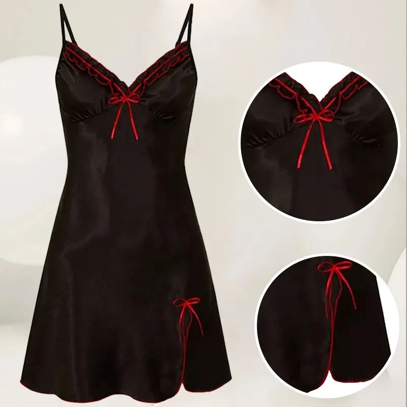 Women Nightgowns Summer Women Suspender Lace Sexy V-Neck Lace Hem Slightly Slit Dress Pajamas
