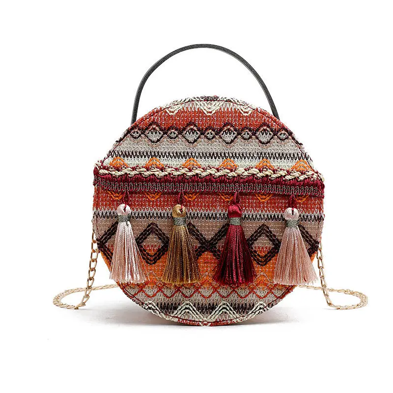 

Retro Straddle Bag Ethnic Style Messenger Bag Chain Woven Bag Tassel Mobile Phone Bag Round Printed Bags Shoulder Bag