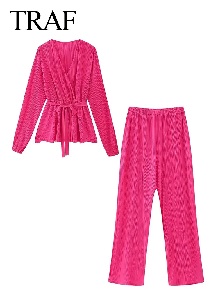 

TRAF 2023 Autumn Women Fashion Sets Solid V Neck Long Sleeve Loose Woman Shirt Tops + Chic Versatile With Pleats Wide Leg Pants
