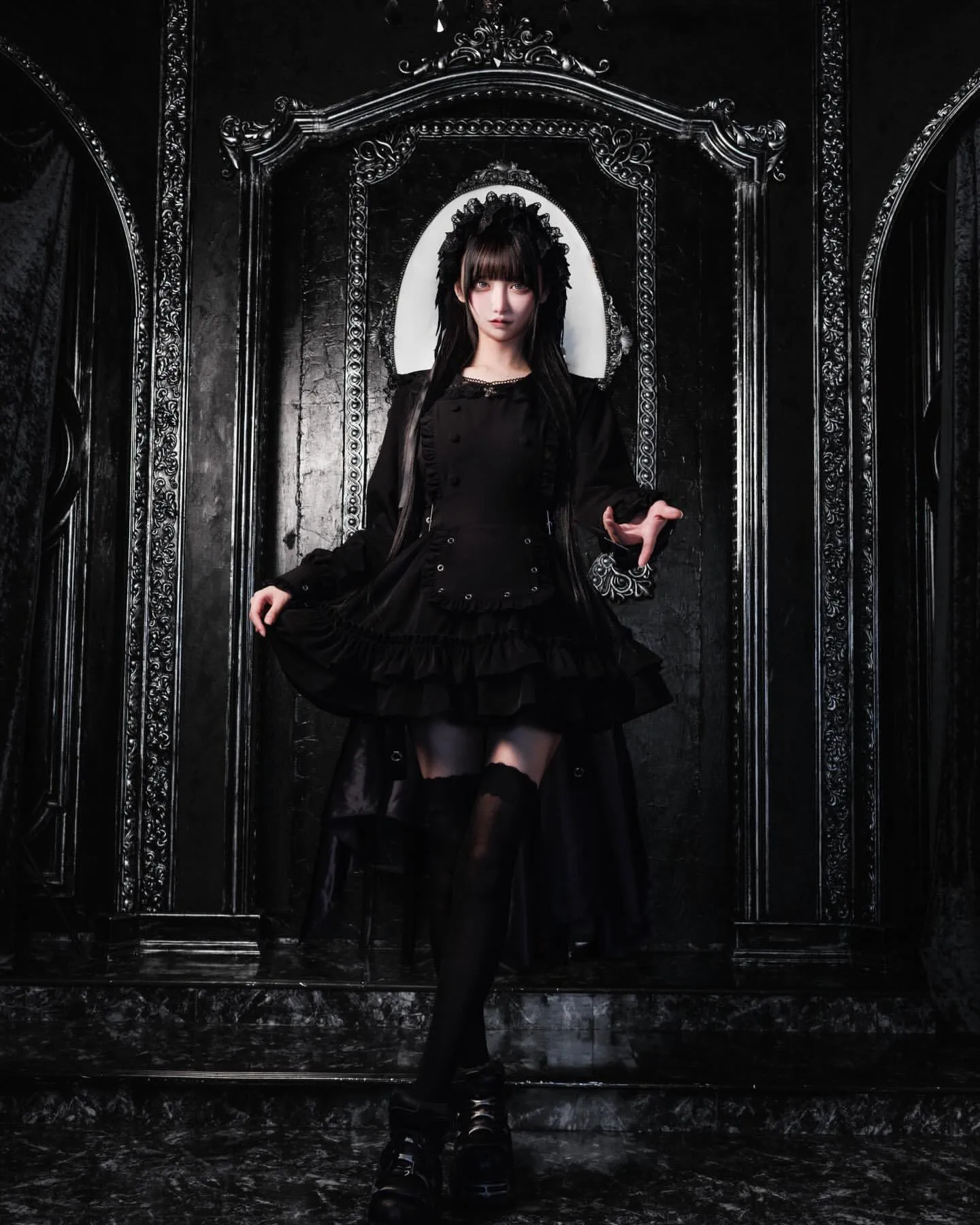 Women's Gothic Navy-Collar Maid Dress Set