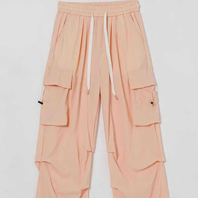 2024 New Spring/Summer Men's Solid Color Drawstring Pocket Elastic Waist Sports Unisex Outdoor Straight Leg Casual Cargo Pants