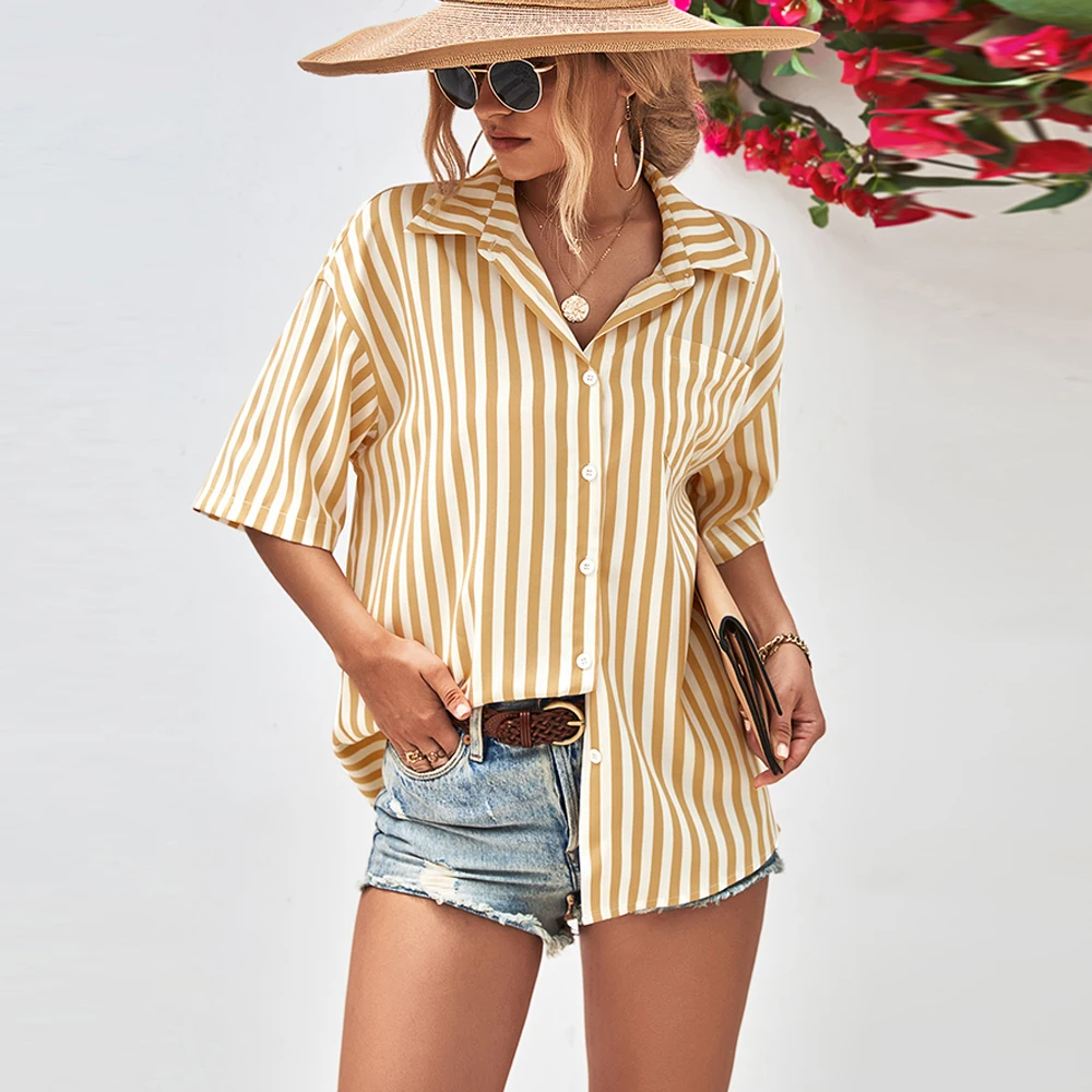 

Women Fashion Striped Printed Blouse Tops Summer Casual Turn Down Collar Short Sleeve Single Breasted Office Lady Blouse Shirts