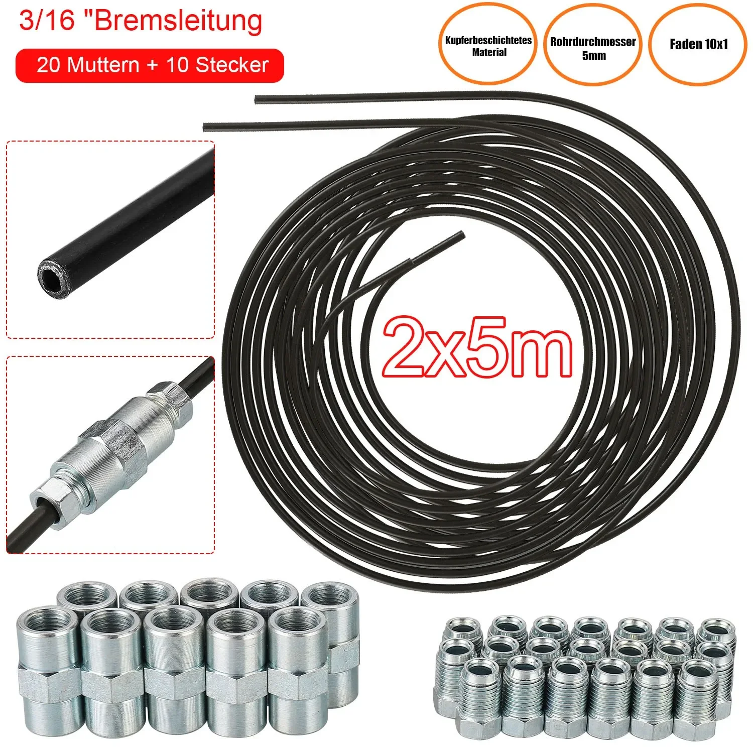 Newest 2*5m 3/16" (4.75mm) Brake Pipe With 20 Nuts And 10 Connector Kit Steel Plated PVF Brake Pipe Hose