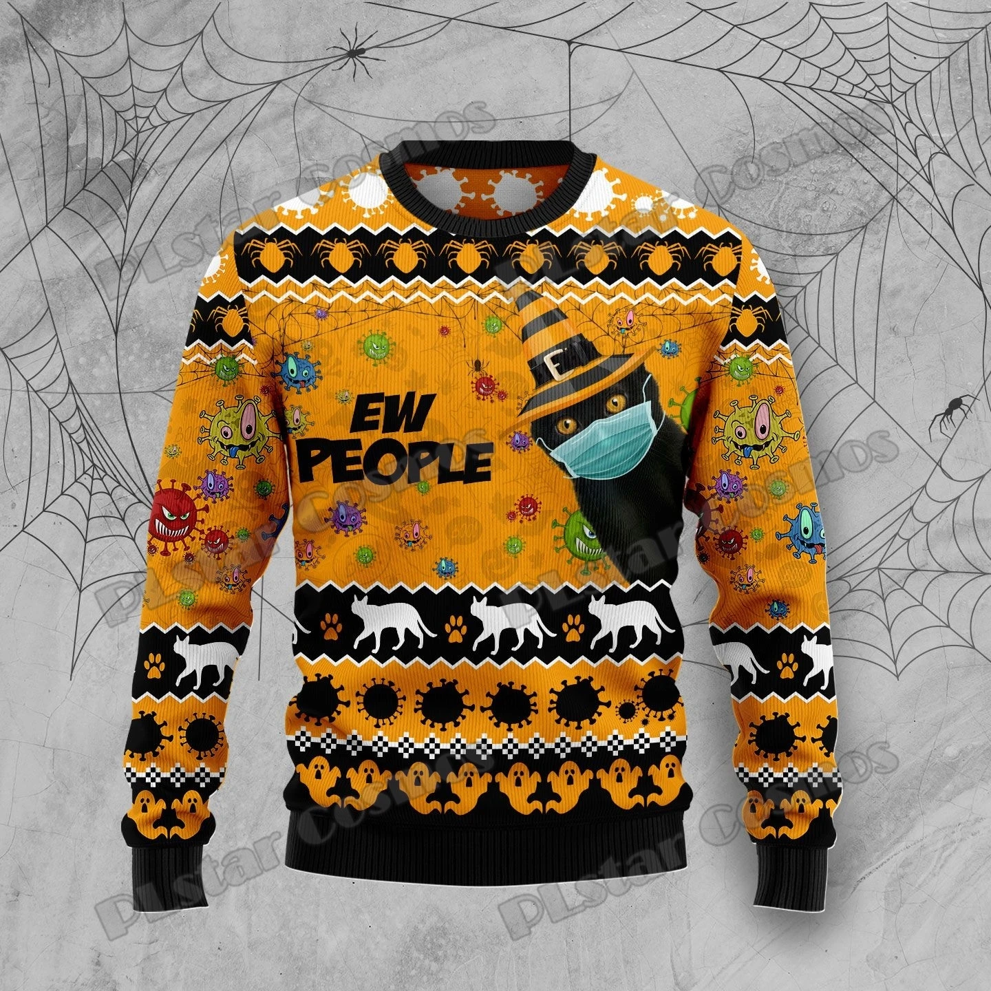 PLstar Cosmos Black Cat Halloween 3D Printed Men's Ugly Christmas Sweater Winter Unisex Casual Knit Pullover Sweater ZZM22