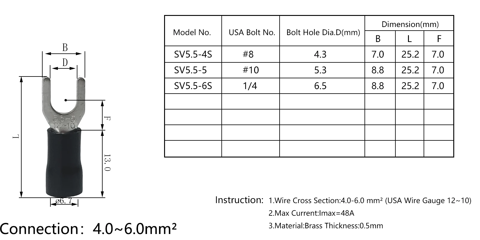 Description Picture 2 of itemInsulated Cable Lug, SV5.5-4, 5, 6, Terminal End Block, Crimping, G.#12-10, 4.0-6.0mm ², 10Pcs