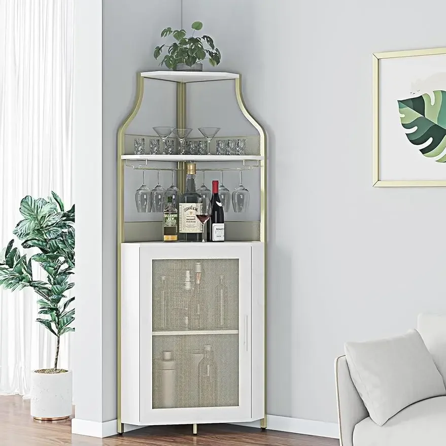 Corner Wine Bar Cabinet with Drawer  with Glass Holder Small Sideboard and Buffet Mesh Door for Liquor and Glasses, Gold