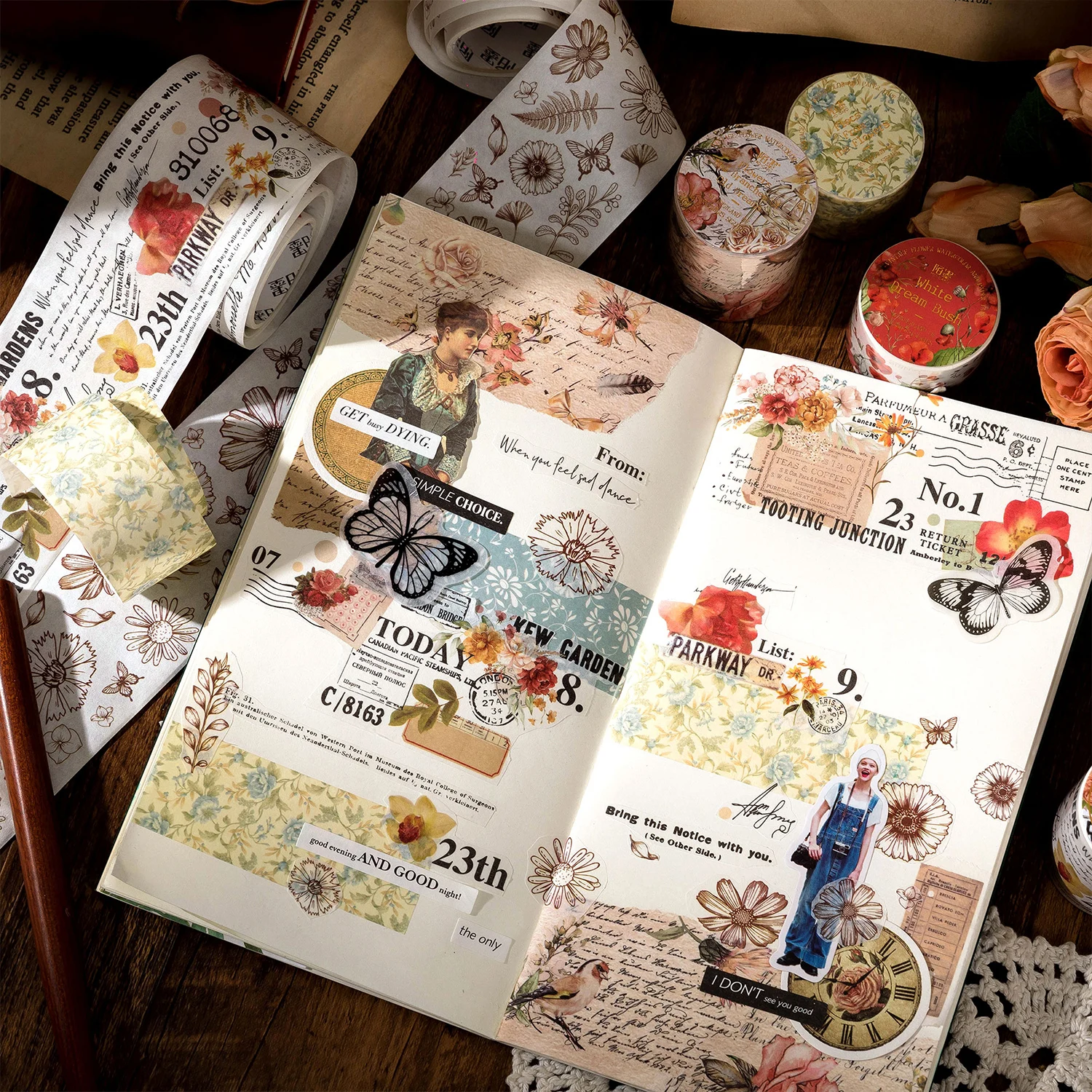 TIANZI 30mm/50mm*2m Vintage Plant Masking Washi Tape Flowers Sticker Aesthetics Diy Scrapbooking Sticker School Supplies 3