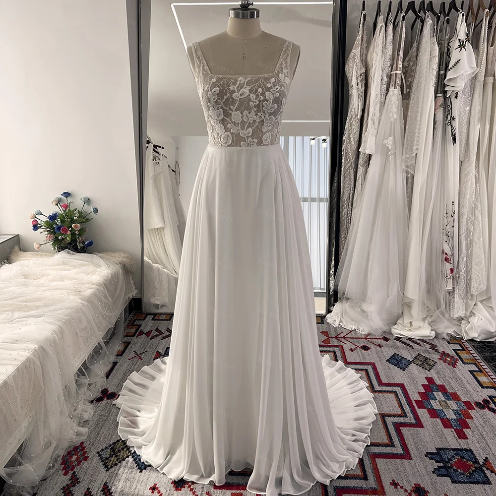 Mryarce Brautkleid mit quadratischem Ausschnitt, Blattspitze, glitzernder Stickerei, Chiffon, A-Linie, Brautkleider – Detail 7