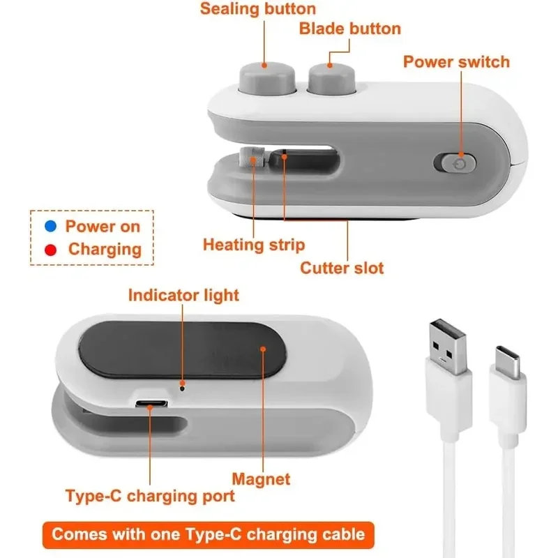 USB 휴대용 미니 열봉합기, 스낵/가정용 충전식 진공 밀봉기, 비닐봉투 열봉합 클립