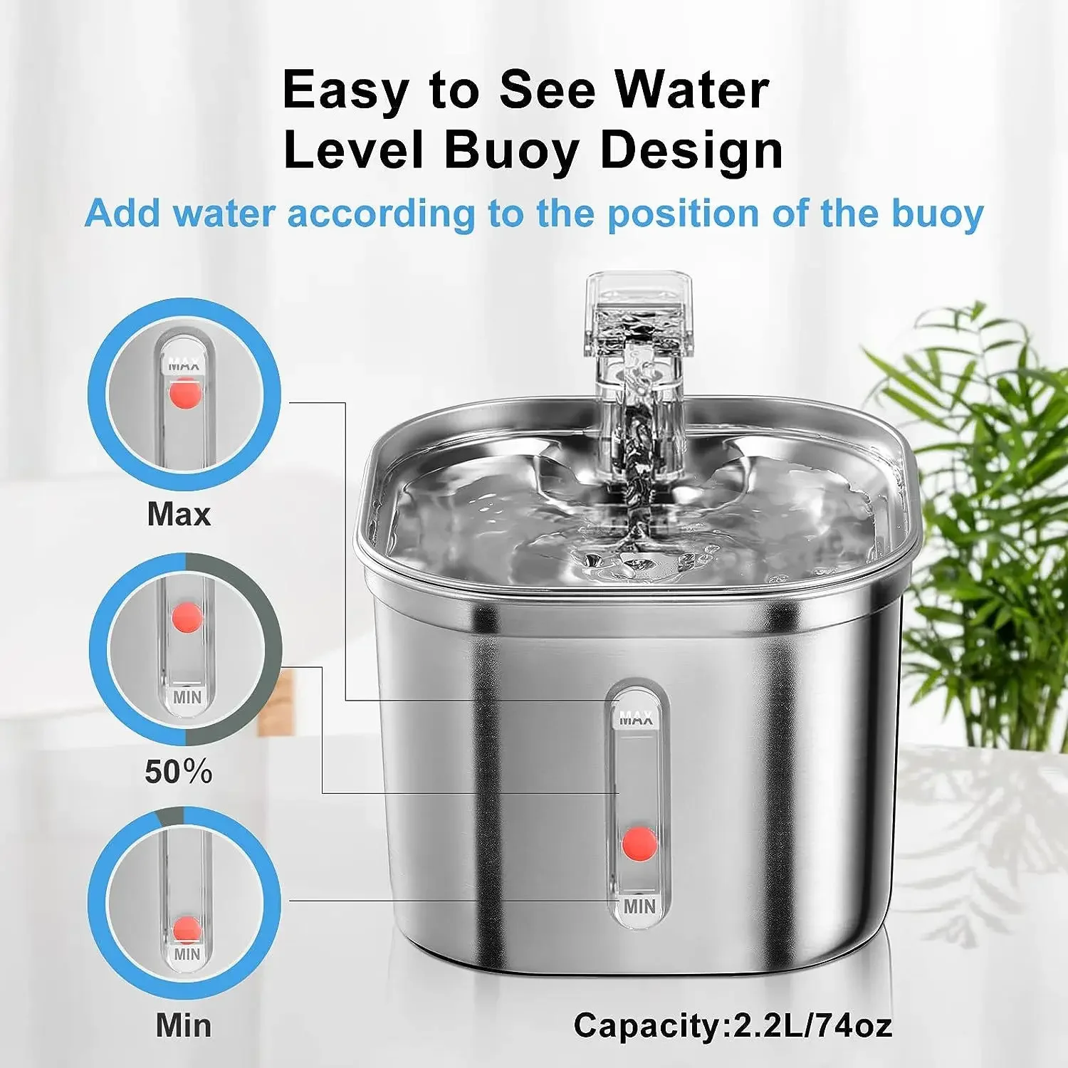 Cat Water Fountain 2.2L/73oz Cat Water Fountain Stainless Steel Pet Water Fountain for Cats Inside 1Filters&Ultra-Quiet Pump Dog Pet
