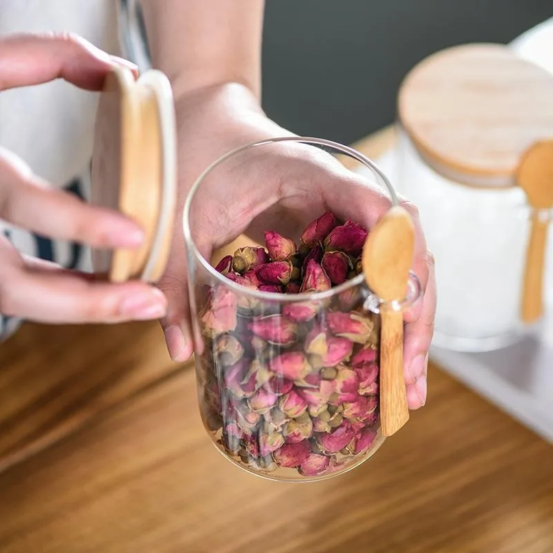 Glass Seasoning Jars With Bamboo Lids And Spoons Home Candy Tea Storage Jar Kitchen Clear Spice Food Sealed Storage Container spice jar seasoning jar condiment squeeze bottle seasoning bottle condiment squeeze bottles