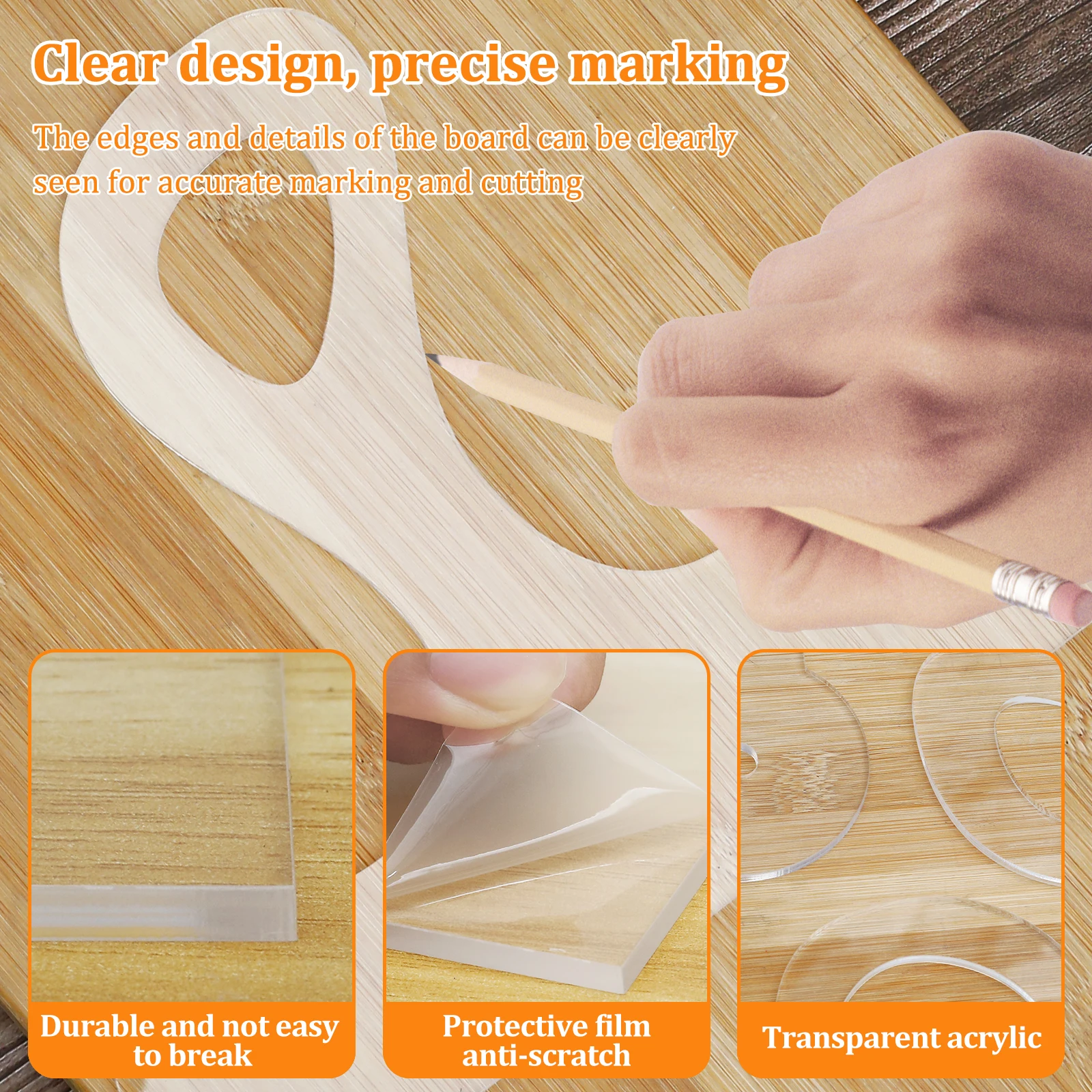 6Pcs Cutting Board Handle Template Set Transparent Acrylic Charcuterie Board Handle Router Template Woodworking Straight