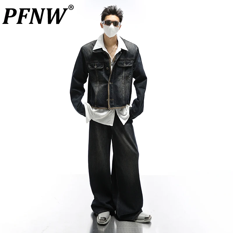 

PFNW Vintage Men's Denim Jackets Washed Coats Two Piece Sets Male Casual Jeans High Street 2023 Autumn Niche Design New 28W1672