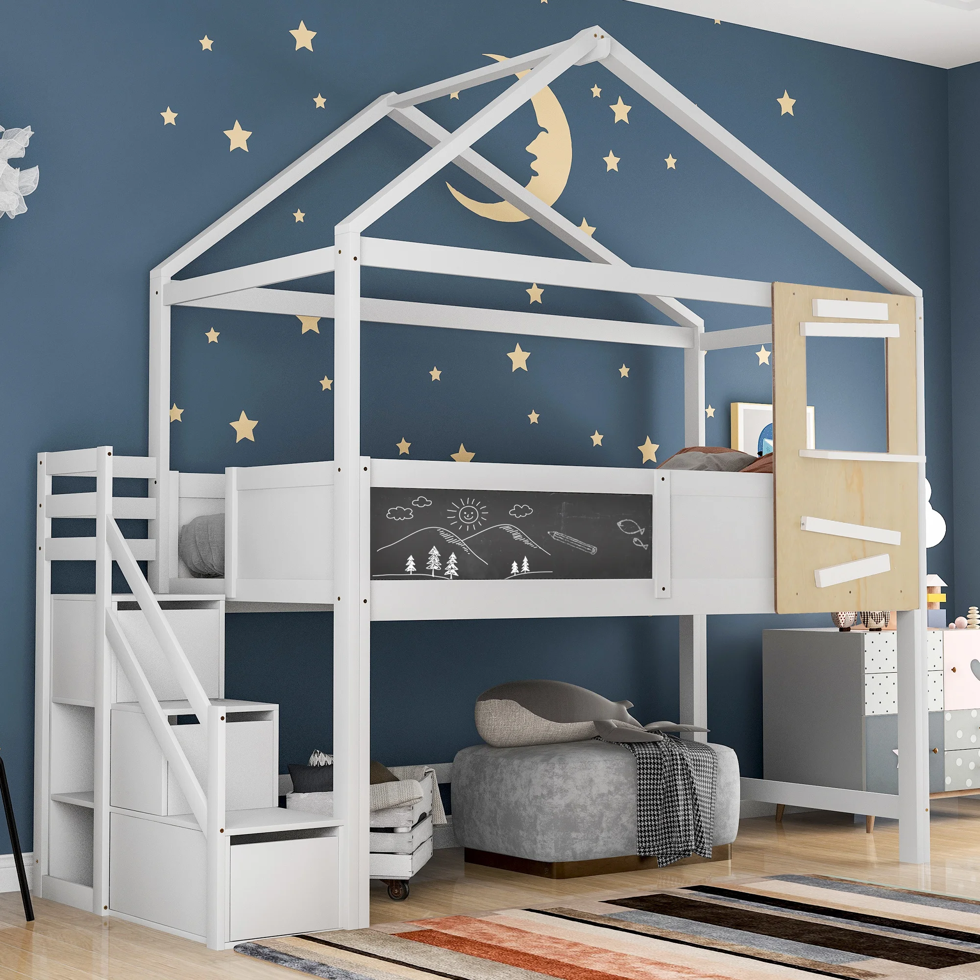 Cama infantil cama casita con chimenea protección contra caídas Sólidos  listones cama casita de madera de