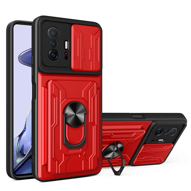 Detachable Card Holder Phone Case For Xiaomi 11T 11 Pro Redmi Note 11 10 Poco X3 Pro Max Slide Stand Kickstand Ring Camera Cover Red