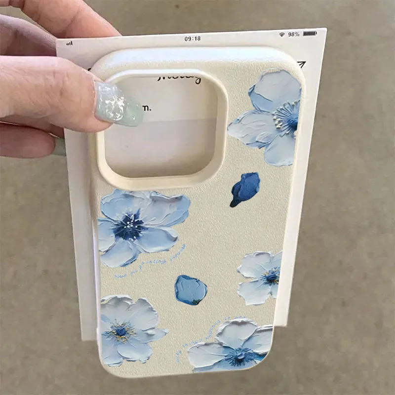 Elegant Blue Oil Painting Flower Phone Case - Faux Leather Cover