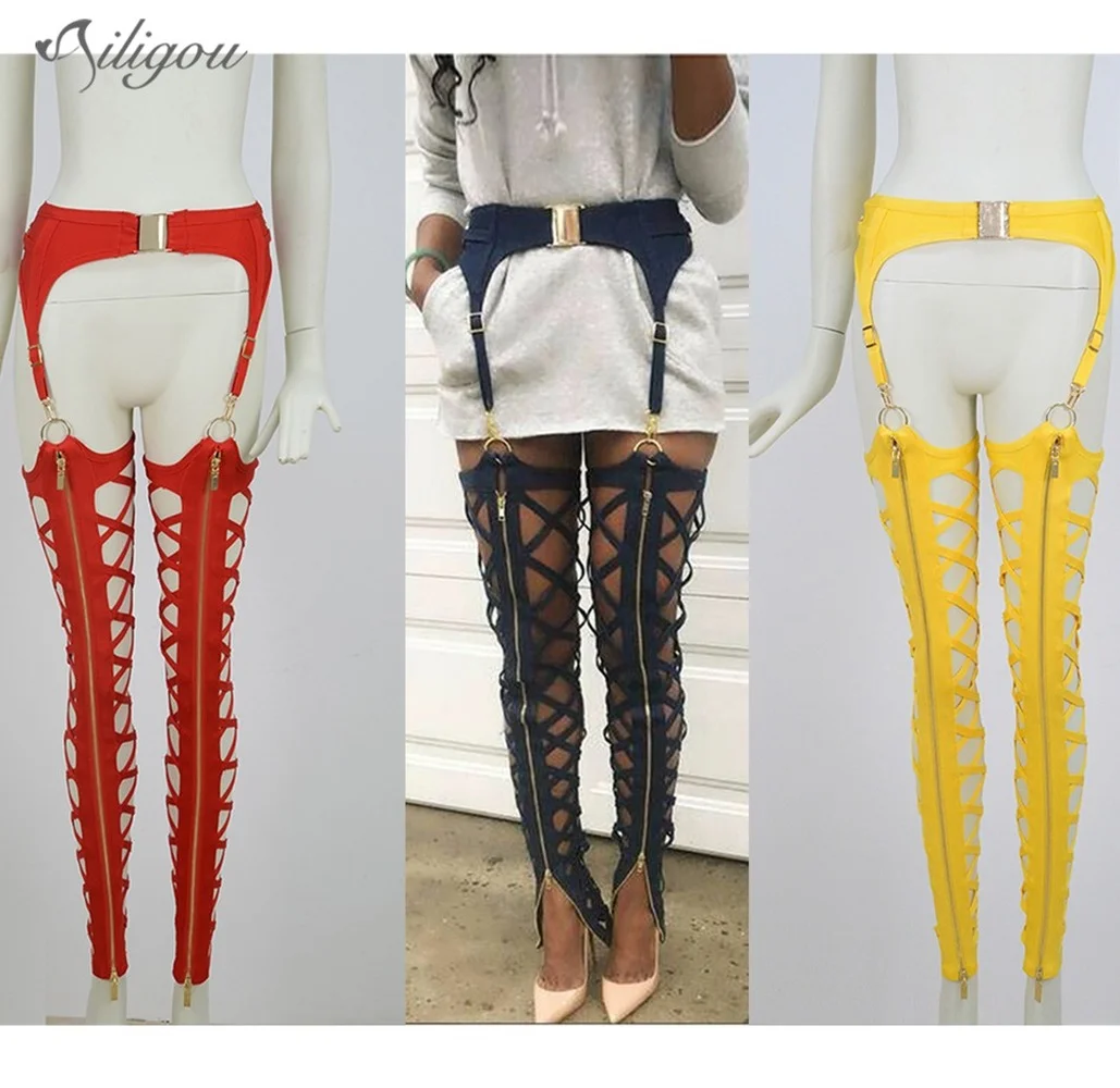 

Ailigou High Quality Female Sexy Front Zipper Hollow Red Yellow Bandage Pants Bodycon Designer Bandage Pencil Pants Leggings