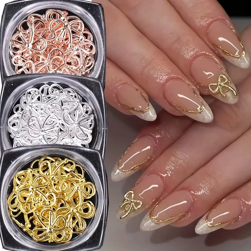 3 Bottle Metal Willow Bows Nail Decoration Gold Silver 3D Bowknot Design DIY Charm Elegant Metallic Jewelry Manicure Accessoires