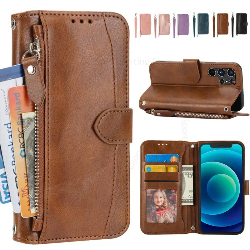 

Leather Phone Case For Samsung S22 Ultra Zipper Wallet Cover For Galaxy S21 S22 Plus A73 A53 A33 A23 Card Slot Stand Flip Cover