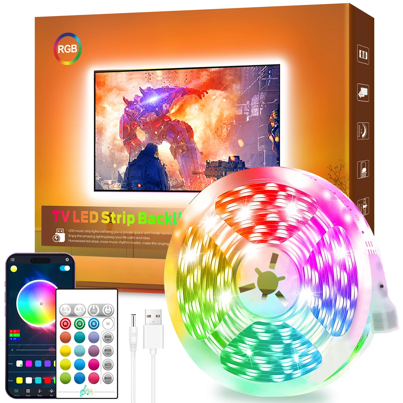 

5050 RGB Sync Color Changing Smart App Control LED Strip Lights USB TV Backlight For Indoor