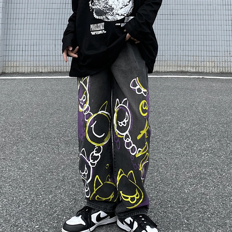 Street Graffiti Jeans Men And Women Harajuku Retro American Cartoon Loose Denim Trousers Black Hip Hop Straight Pants 2022 New boliyae graffiti baggy jeans women fashion high waist hole denim pants y2k harajuku streetwear straight washed wide leg trousers