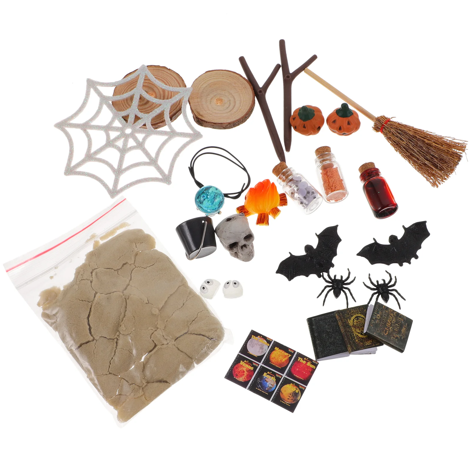 

Dollhouse Halloween Decorations Fairy Garden Halloween Accessories Mini Books Broom Pumpkin Spider Net Skull Bat Model