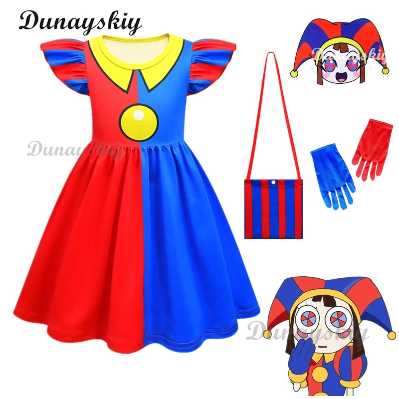 

The Amazing Digital Circus Pomni Kids Cosplay Costume Girls Princess Dress + Mask+gloves Children Halloween Cartoon Summer Dress