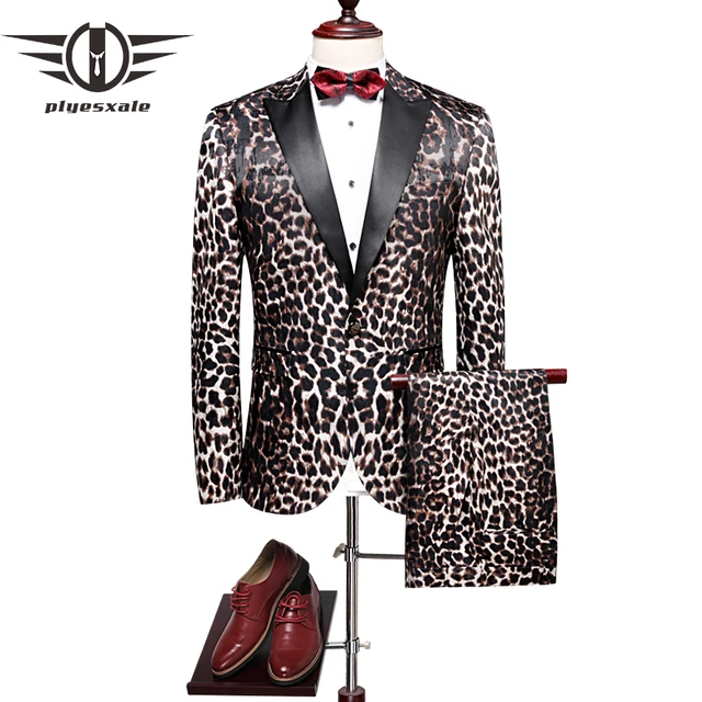 Mens Leopard Print Suit Velvet Wedding Dinner Formal Prom Dress Suits 3  Pieces