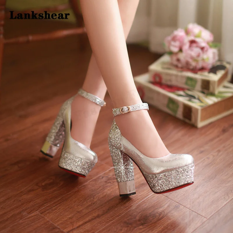 

Bling Bling Luxurious Rhinestone Round Toe Pumps Platform Heel Pumps Ankle Strap Crystal High Heels Big Size Wedding Shoes