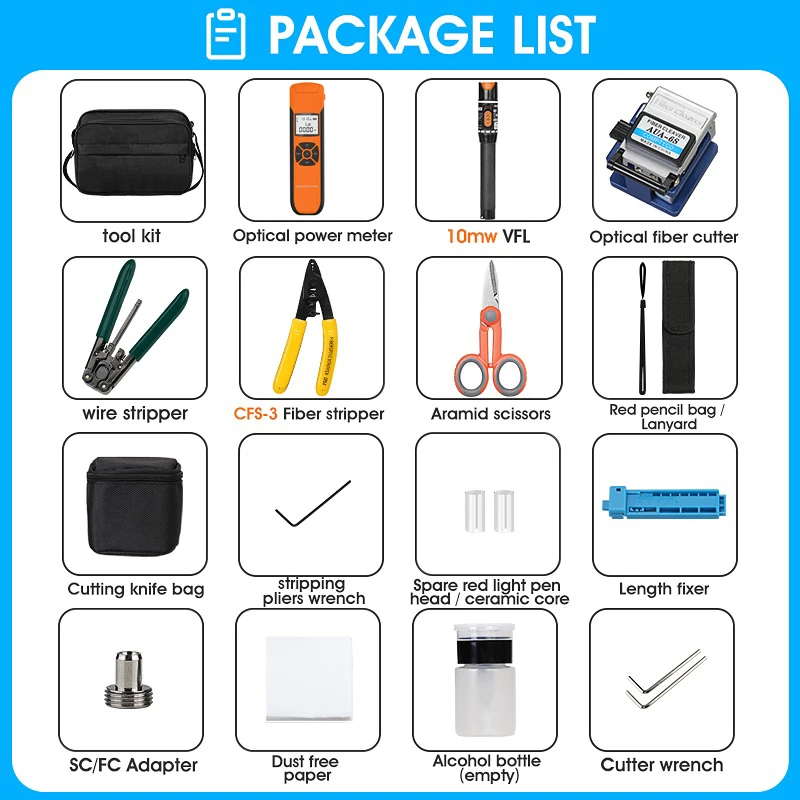 FTTH Fiber Optic Tool Kit with AUA-6S Fiber Cleaver -70~+10dBm/-50~+26dBm G10 Optical Power Meter 10mw Visual Fault Locator