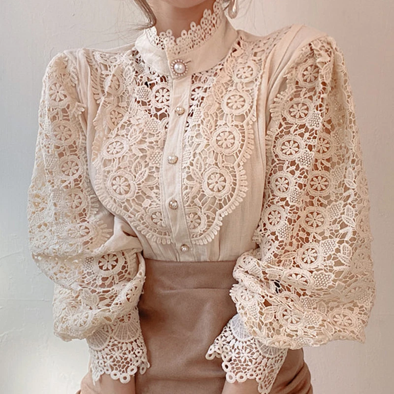 Vintage Elegant Lace Hollow Out Patchwork Shirt Female Long Sleeve Spring Autumn Stand Collar Chic Pearl Single-breasted Blouse