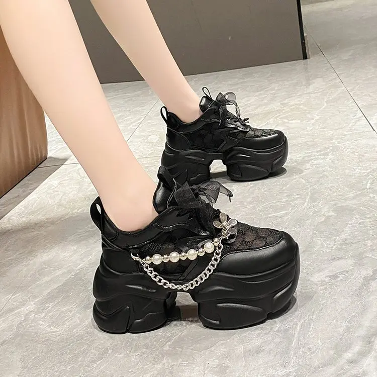 

Thick Sole Black Women Ankle Boots 2023 Summer New High Platform Wedges Chunky Sneakers 7CM Heels Keep Spring Dad Shoes Female