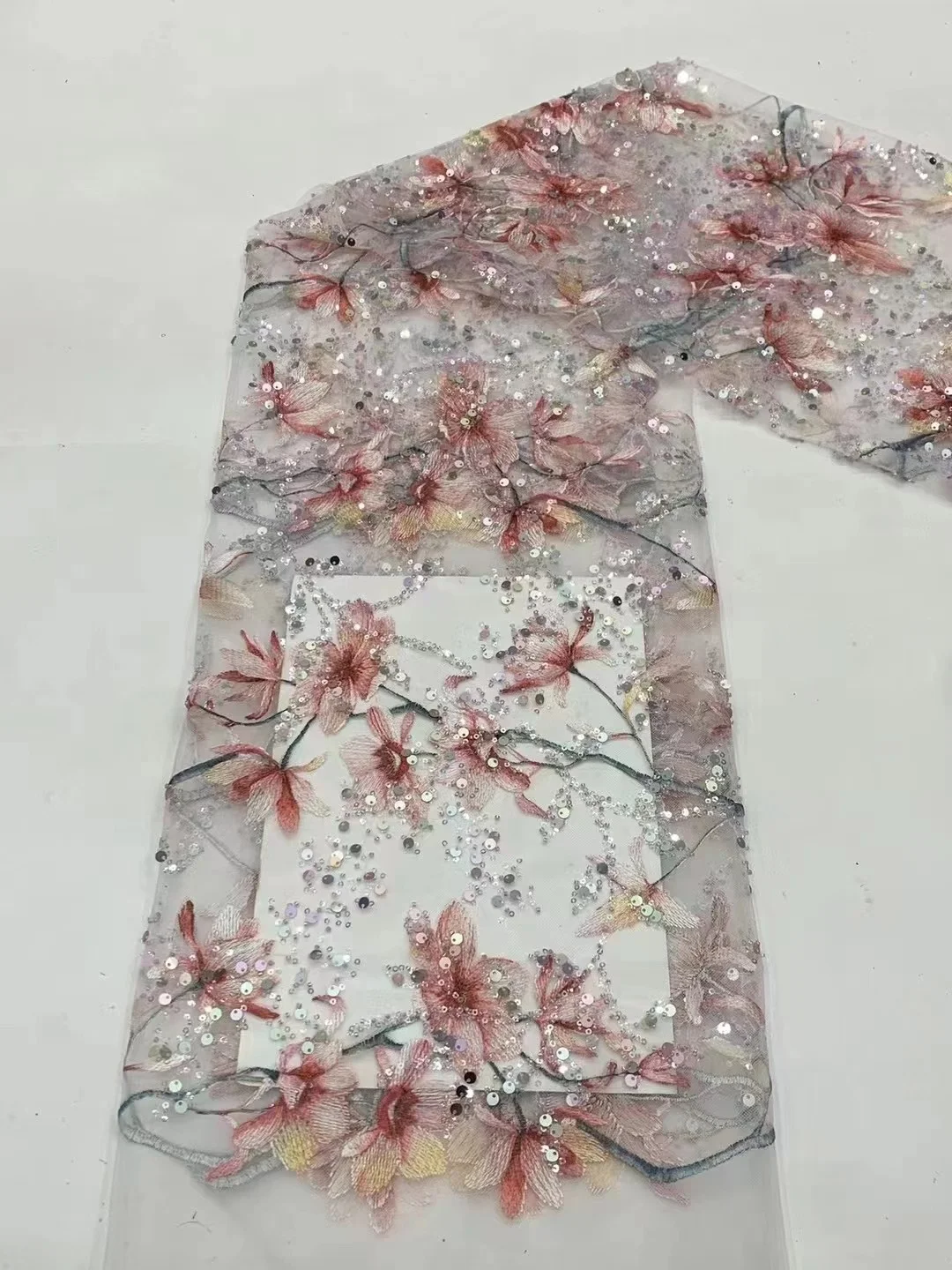 

High Quality Fashion French Embroidery 3D Flower Lace Fabric African Nigerian Beads Lace Fabric For Wedding Dress