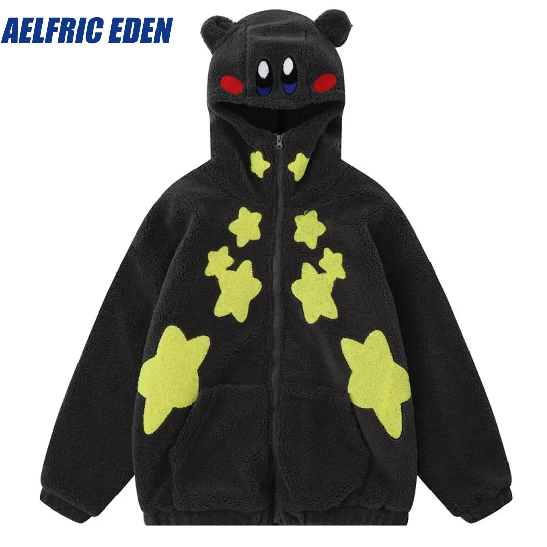 Aelfric Eden Winter Fluffy Hooded Jacket with Bear Ears Harajuku Embroidery Star Cute Fuzzy Plush Fleece Warm Teddy Coat Jackets