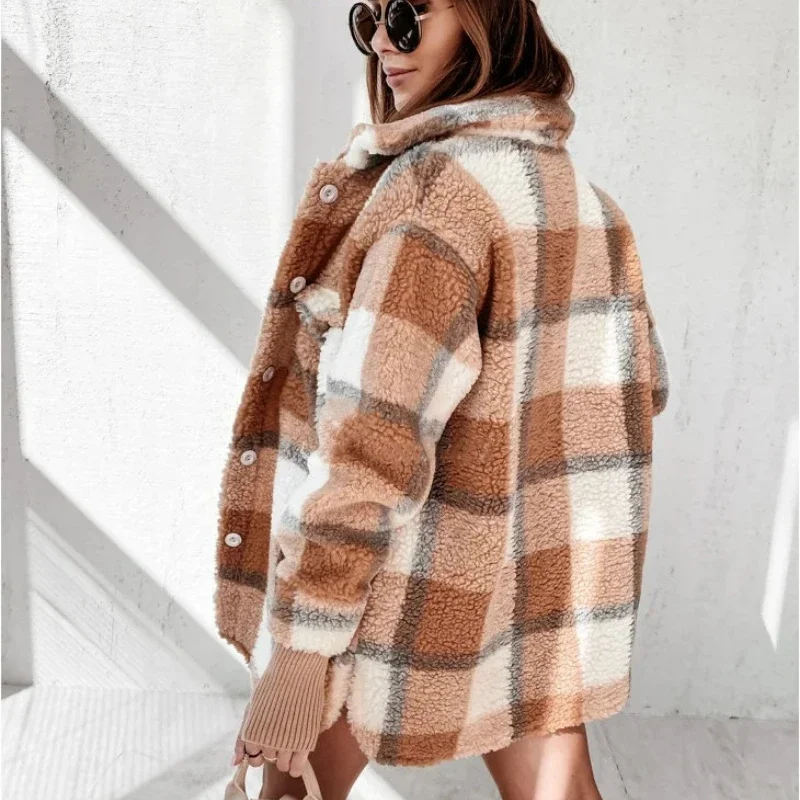 Vintage Thick Plaid Jacket Women Autumn Winter Casual Loose Long Sleeve Wool Jacket 2022 Korean Slim Splicing All Match Outwear