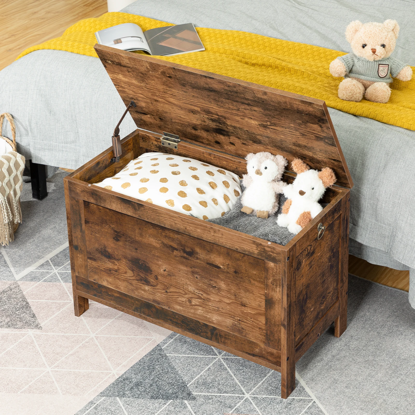 Toy Box, Retro Wooden Look Storage Chest with Safety Hinge, Entryway Storage Bench Toy Chest Organizer, Easy Assembly 4
