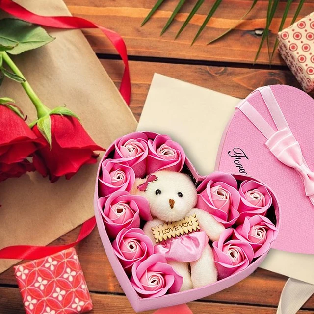 Regalos de San Valentín para ella, oso en rosa, flor para novia