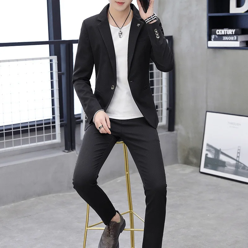 Casual Men Suits Blue White Black One Button Business Banquet Work Wear Elegant Slim Fit Blazer Jacket And Pant Male 2 Piece Set
