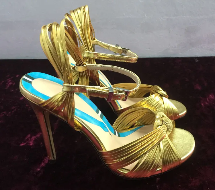 Summer New Show High Heel Sandals with Gold Braided Ribbon Wedding Banquet Thin Heel Large Fish Mouth Women's Shoes